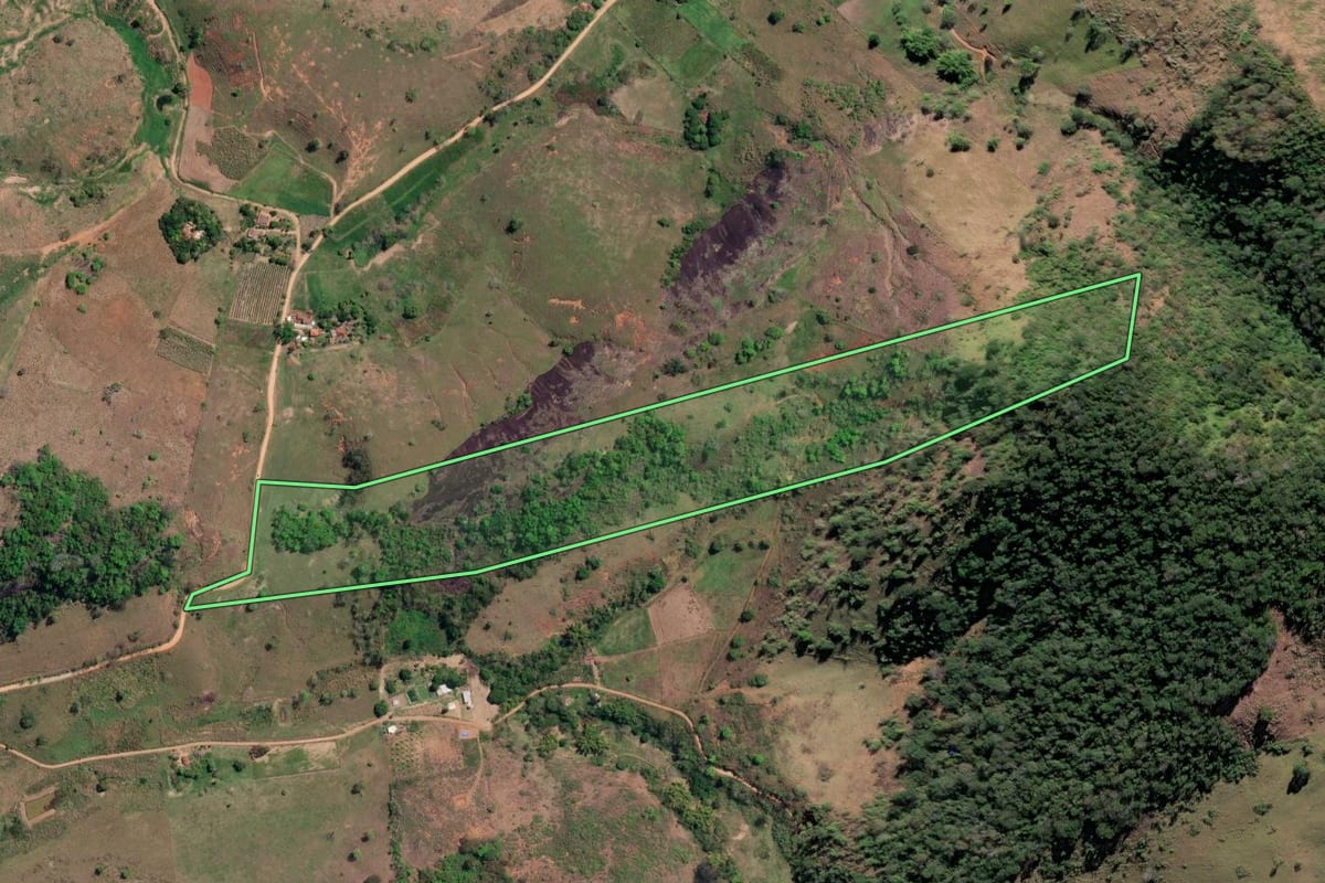 Imagem de satélite do imóvel rural em São Fidélis (RJ), com o contorno declarado no CAR desenhado por cima.