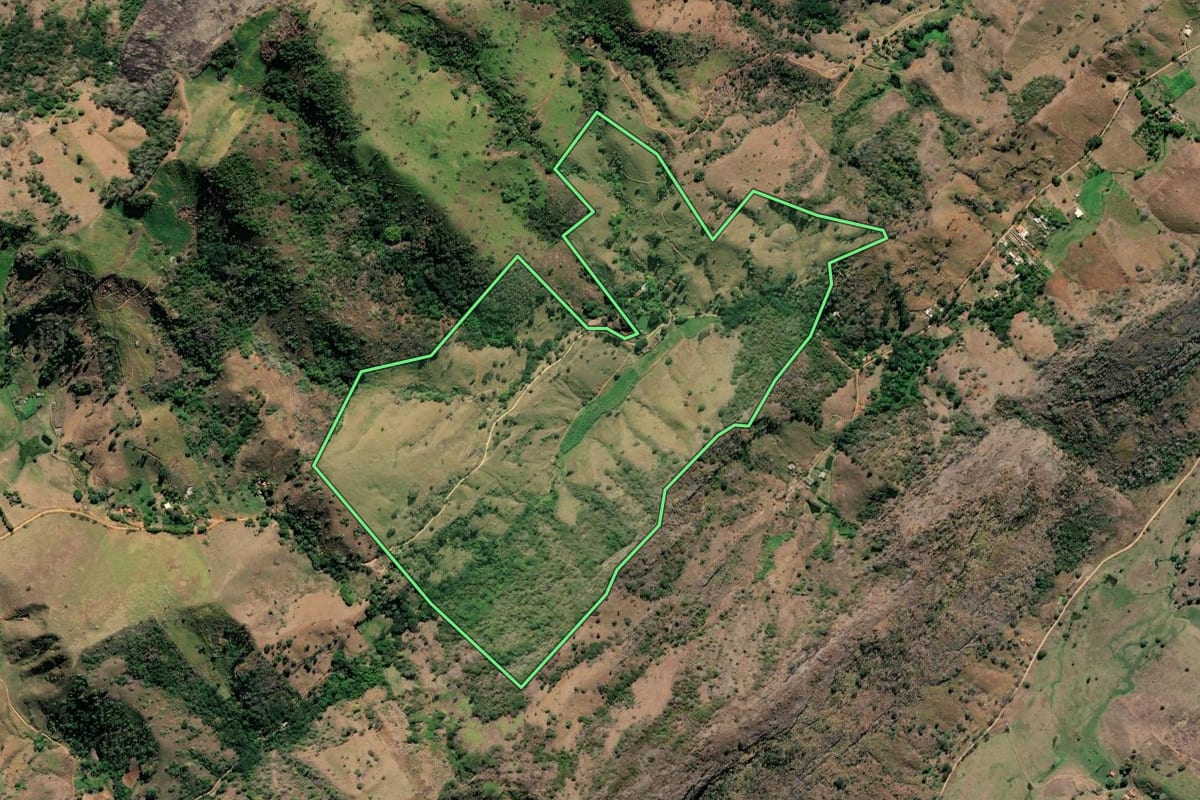 Imagem de satélite do imóvel rural em São Fidélis (RJ), com o contorno declarado no CAR desenhado por cima.