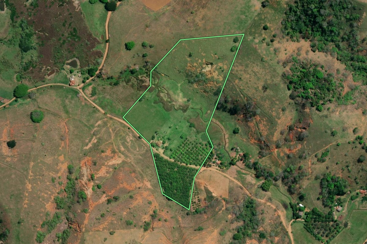 Imagem de satélite do imóvel rural em São Fidélis (RJ), com o contorno declarado no CAR desenhado por cima.