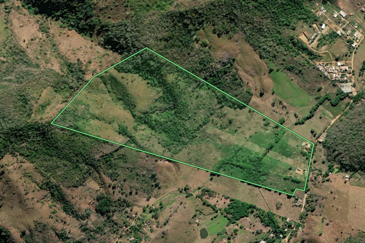 Imagem de satélite do imóvel rural em São Fidélis (RJ), com o contorno declarado no CAR desenhado por cima.