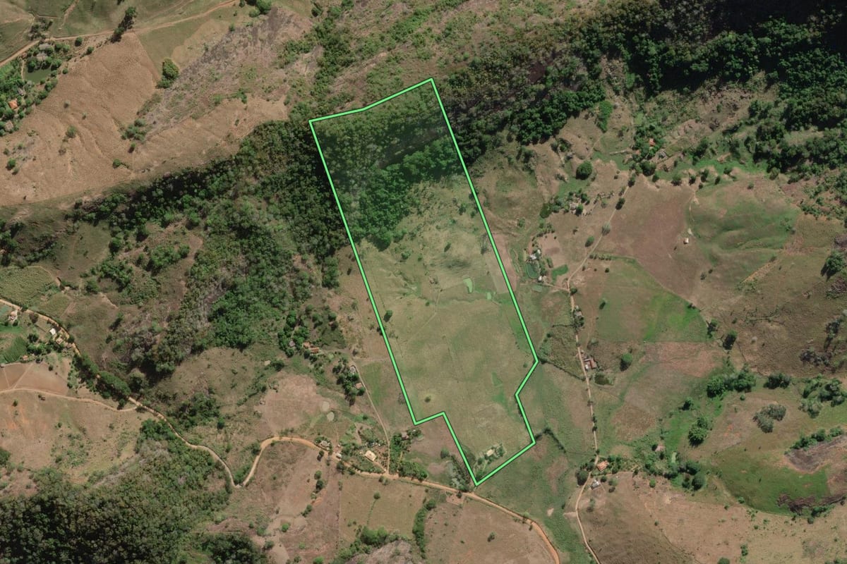 Imagem de satélite do imóvel rural em São Fidélis (RJ), com o contorno declarado no CAR desenhado por cima.