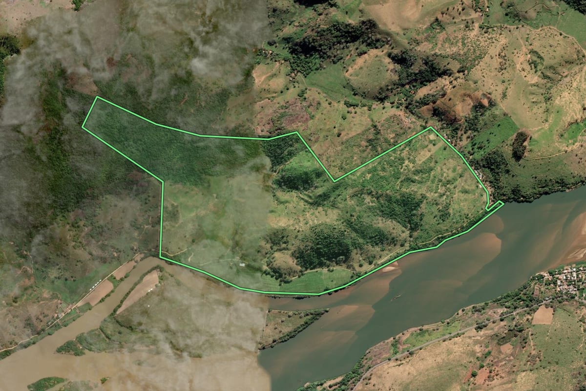Imagem de satélite do imóvel rural em São Fidélis (RJ), com o contorno declarado no CAR desenhado por cima.