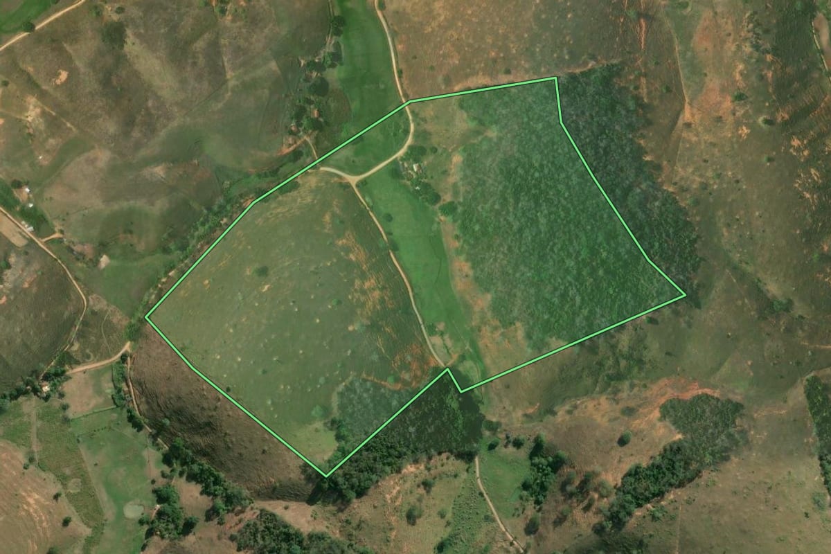 Imagem de satélite do imóvel rural em São Fidélis (RJ), com o contorno declarado no CAR desenhado por cima.