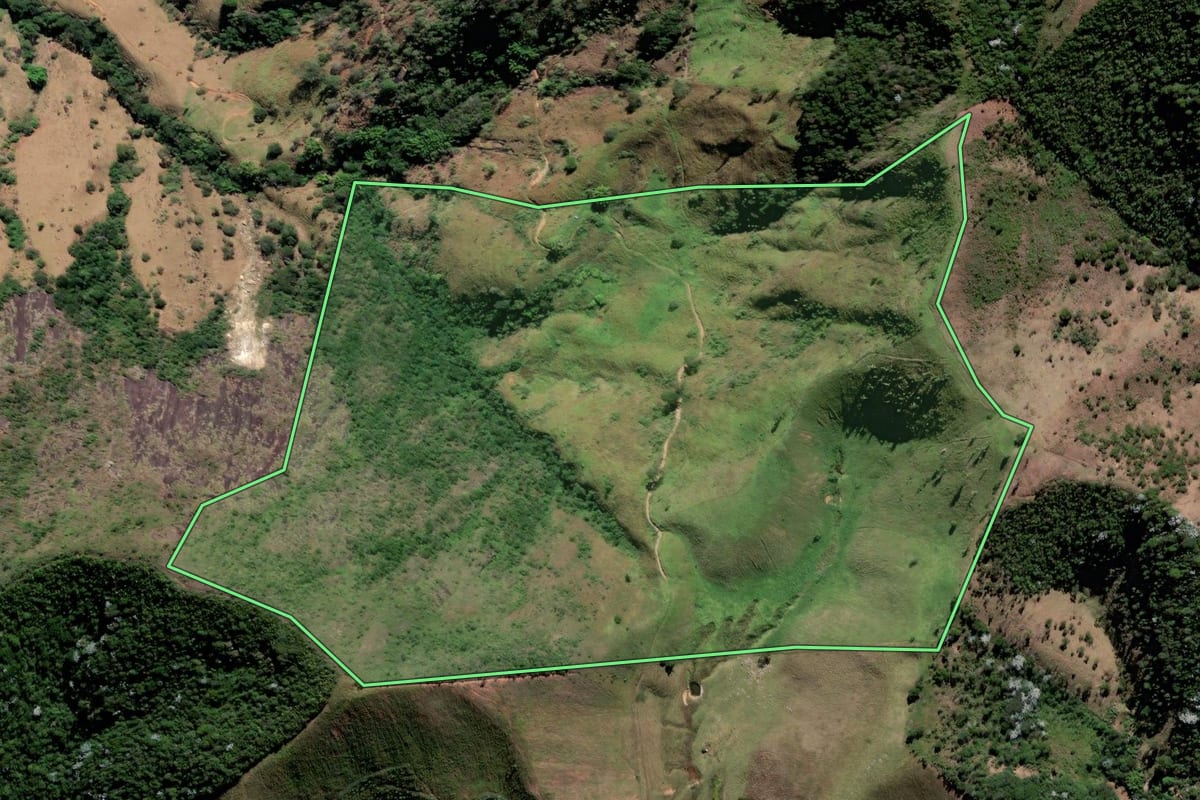 Imagem de satélite do imóvel rural em São Fidélis (RJ), com o contorno declarado no CAR desenhado por cima.