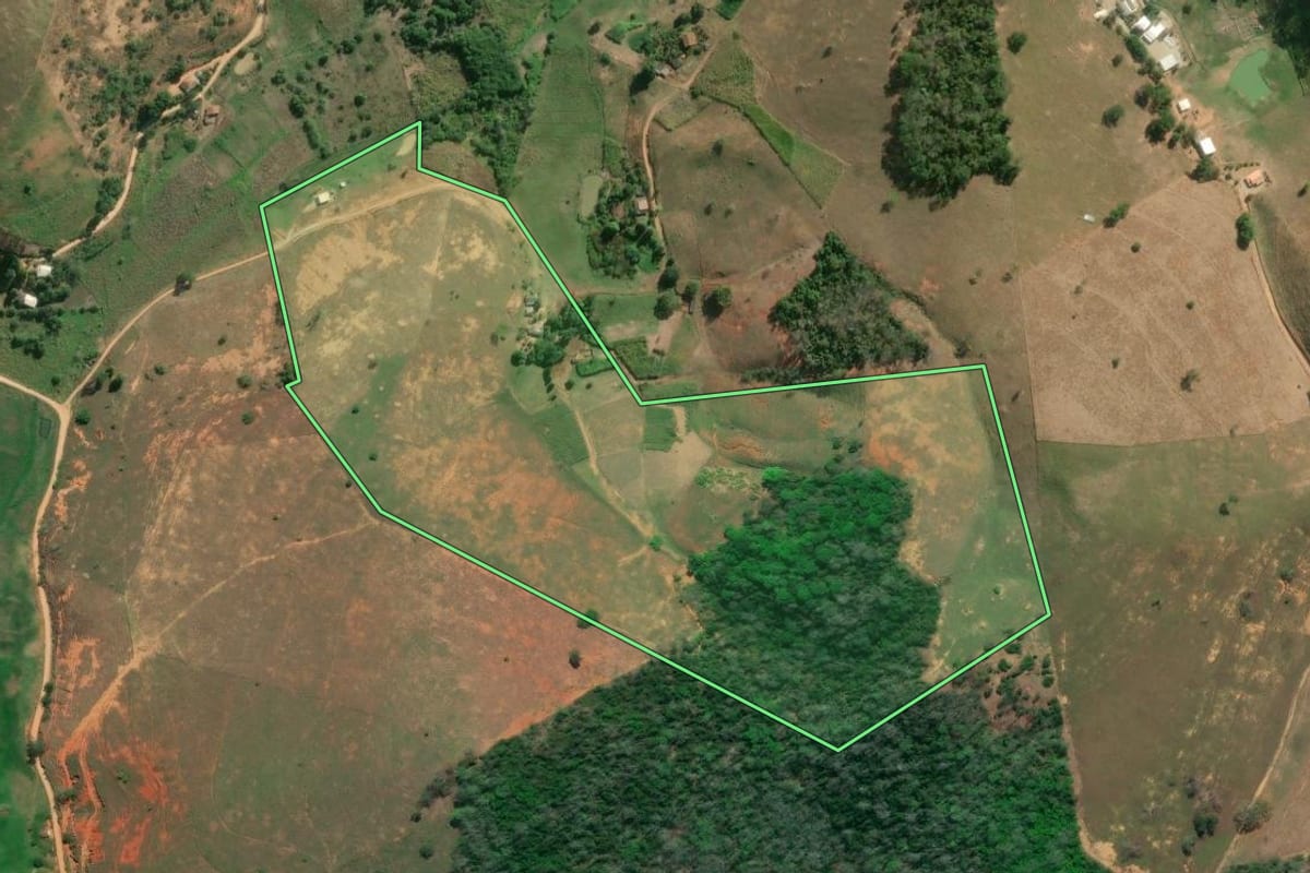 Imagem de satélite do imóvel rural em São Fidélis (RJ), com o contorno declarado no CAR desenhado por cima.