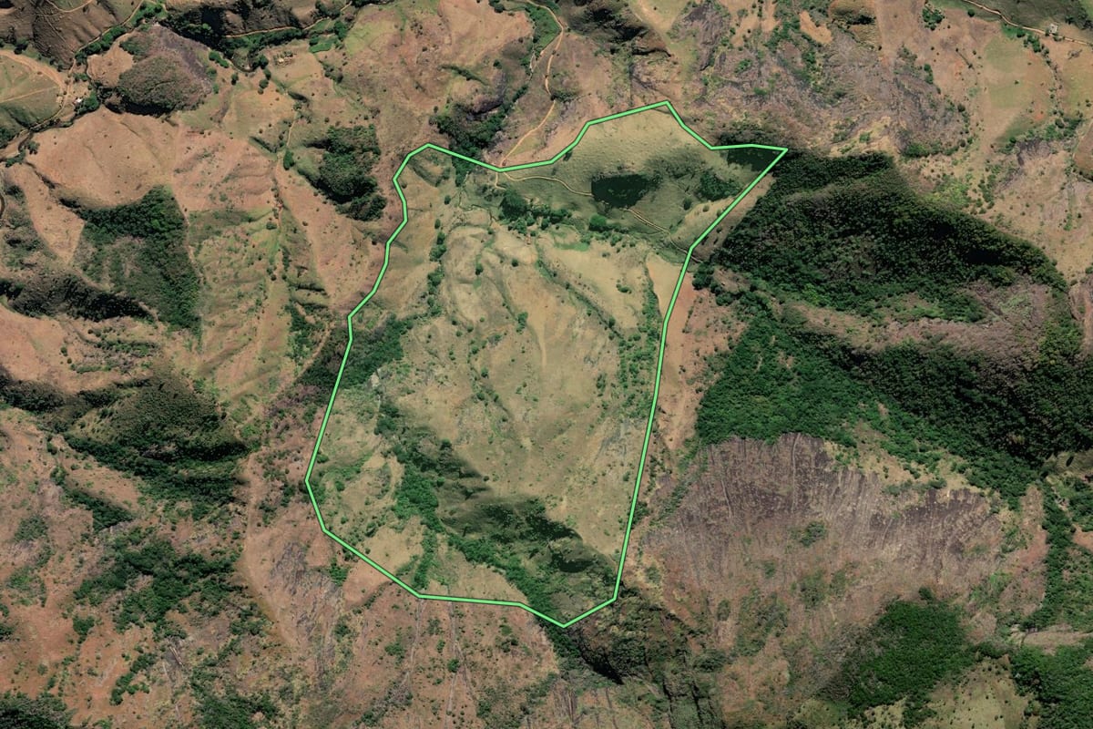 Imagem de satélite do imóvel rural em São Fidélis (RJ), com o contorno declarado no CAR desenhado por cima.