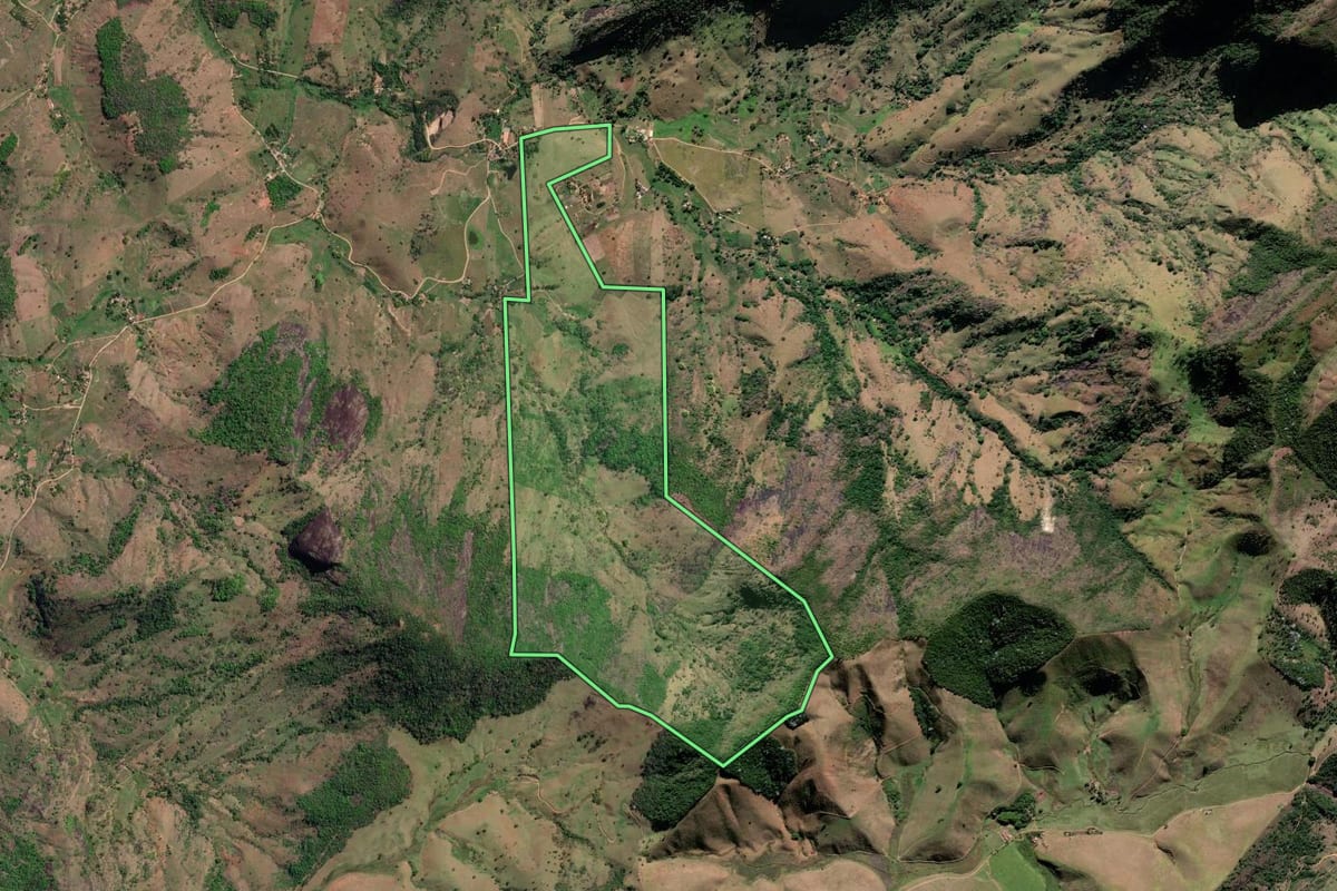 Imagem de satélite do imóvel rural em São Fidélis (RJ), com o contorno declarado no CAR desenhado por cima.