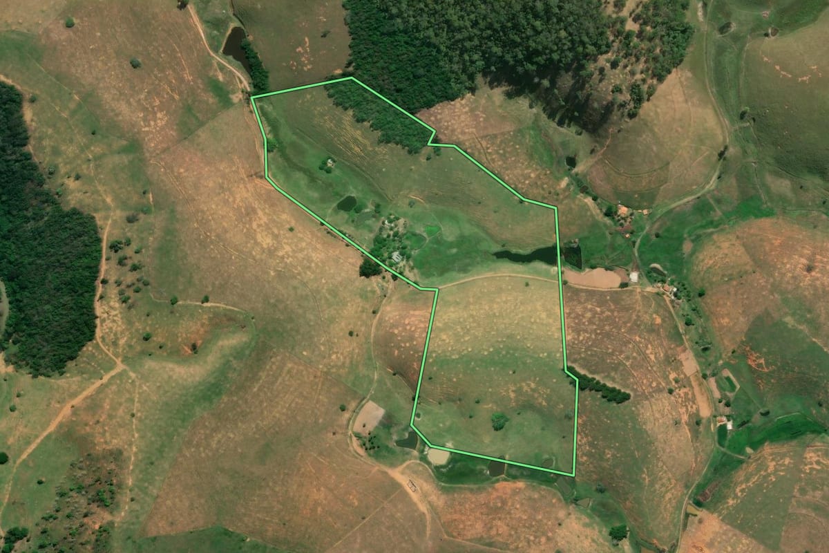 Imagem de satélite do imóvel rural em São Fidélis (RJ), com o contorno declarado no CAR desenhado por cima.