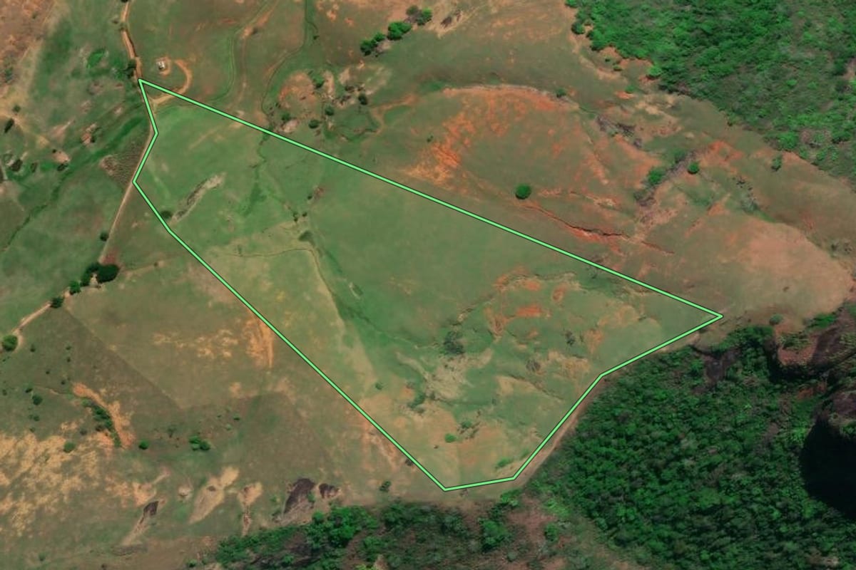 Imagem de satélite do imóvel rural em São Fidélis (RJ), com o contorno declarado no CAR desenhado por cima.