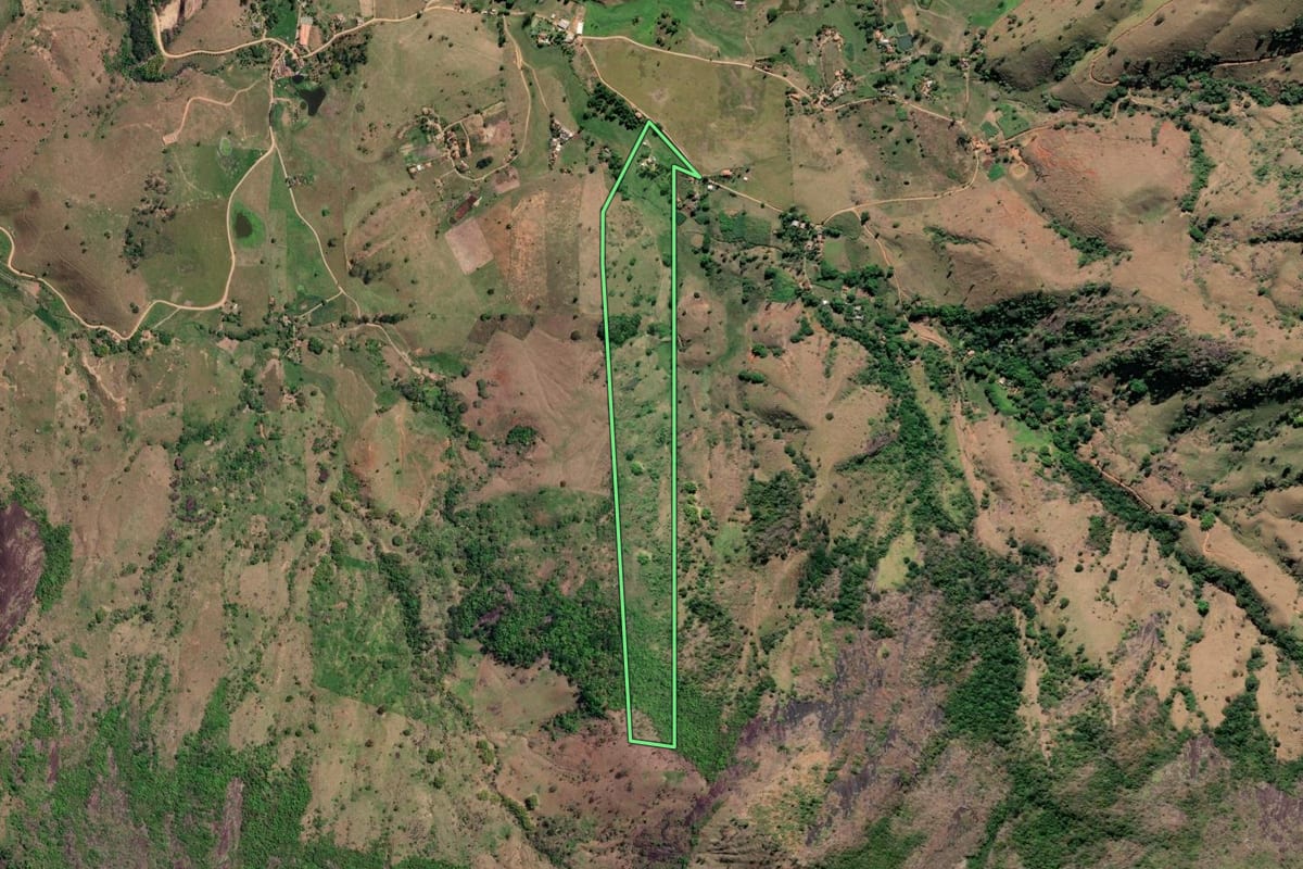 Imagem de satélite do imóvel rural em São Fidélis (RJ), com o contorno declarado no CAR desenhado por cima.