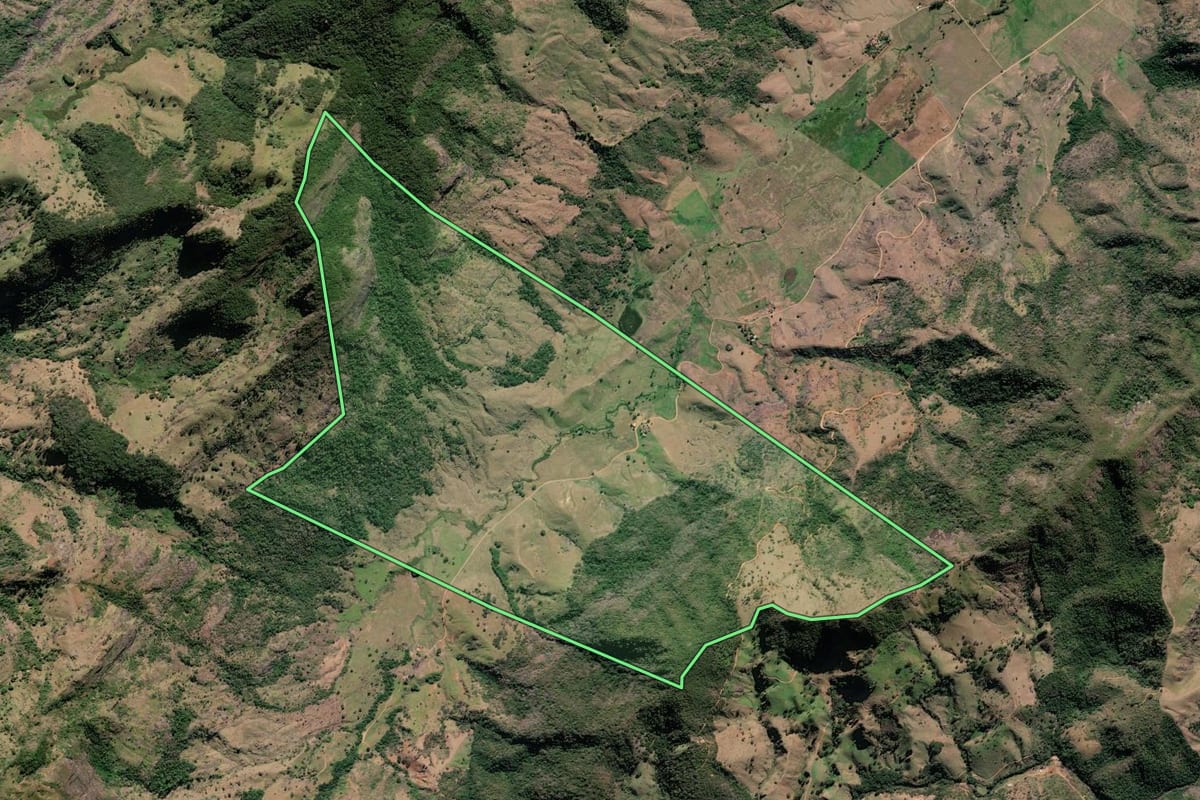 Imagem de satélite do imóvel rural em São Fidélis (RJ), com o contorno declarado no CAR desenhado por cima.