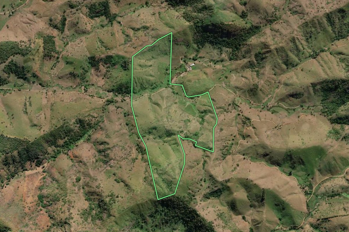 Imagem de satélite do imóvel rural em São Fidélis (RJ), com o contorno declarado no CAR desenhado por cima.
