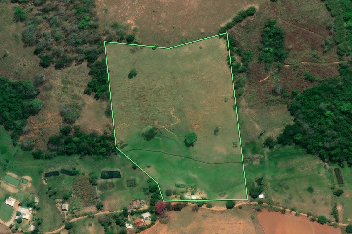Imagem de satélite do imóvel rural em São Fidélis (RJ), com o contorno declarado no CAR desenhado por cima.
