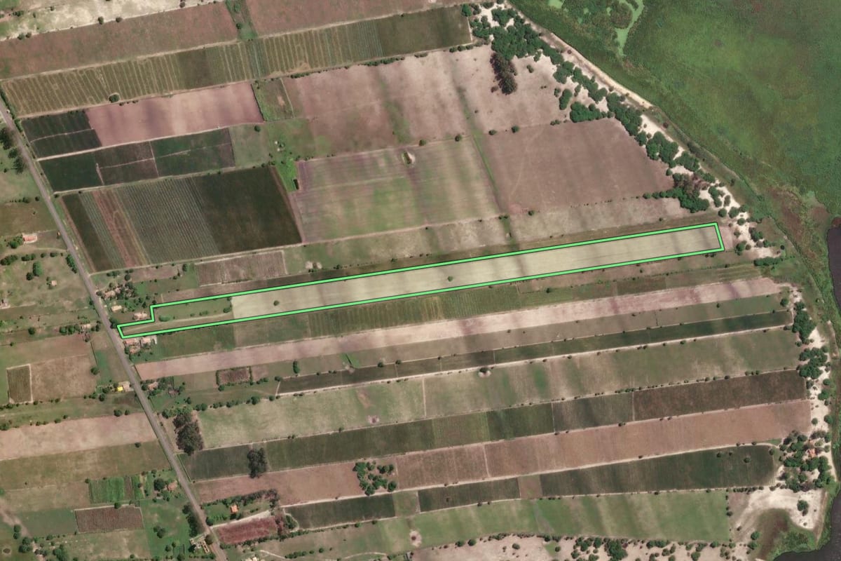 Imagem de satélite do imóvel rural em São João da Barra (RJ), com o contorno declarado no CAR desenhado por cima.