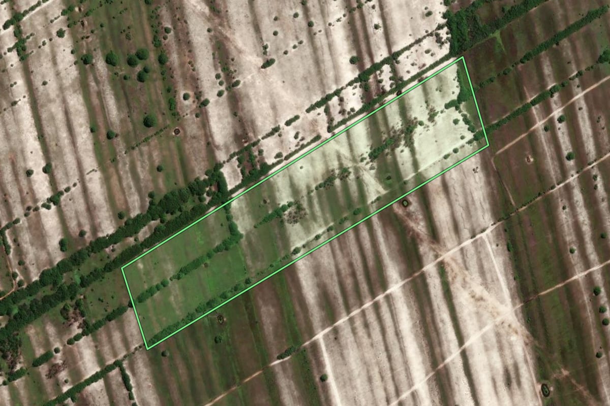 Imagem de satélite do imóvel rural em São João da Barra (RJ), com o contorno declarado no CAR desenhado por cima.