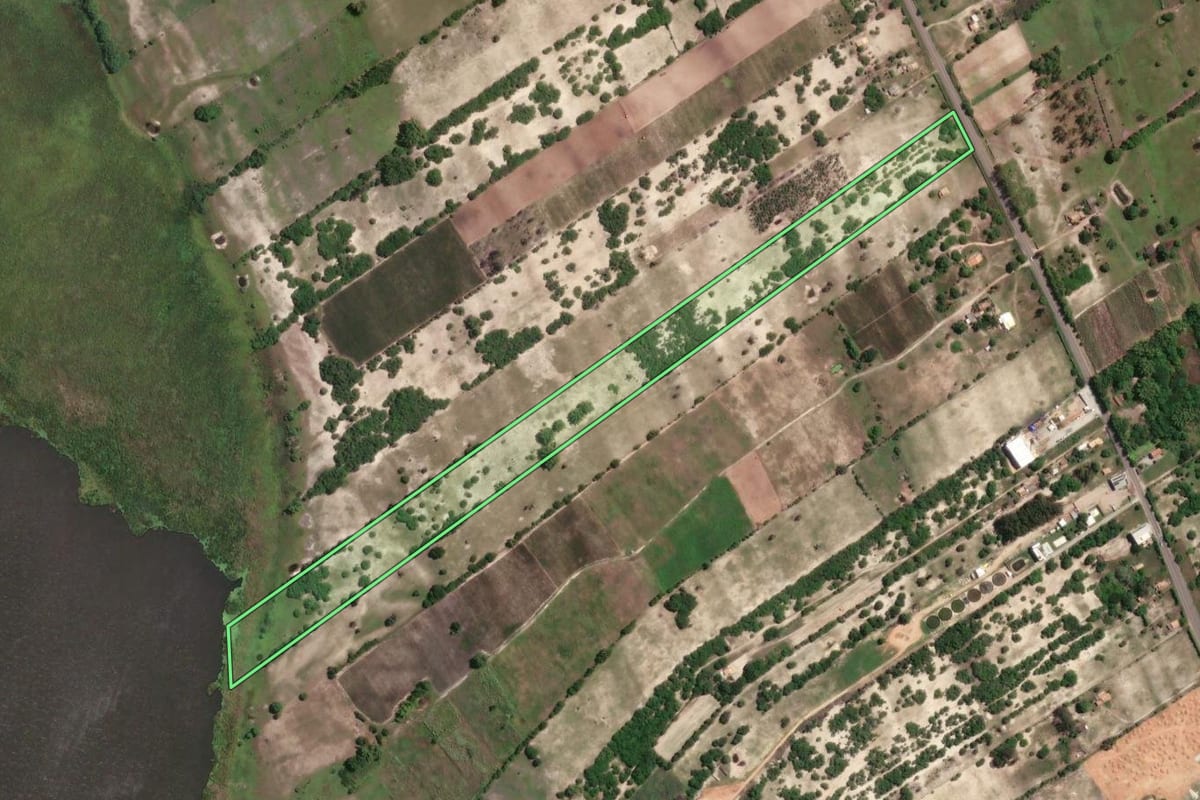 Imagem de satélite do imóvel rural em São João da Barra (RJ), com o contorno declarado no CAR desenhado por cima.
