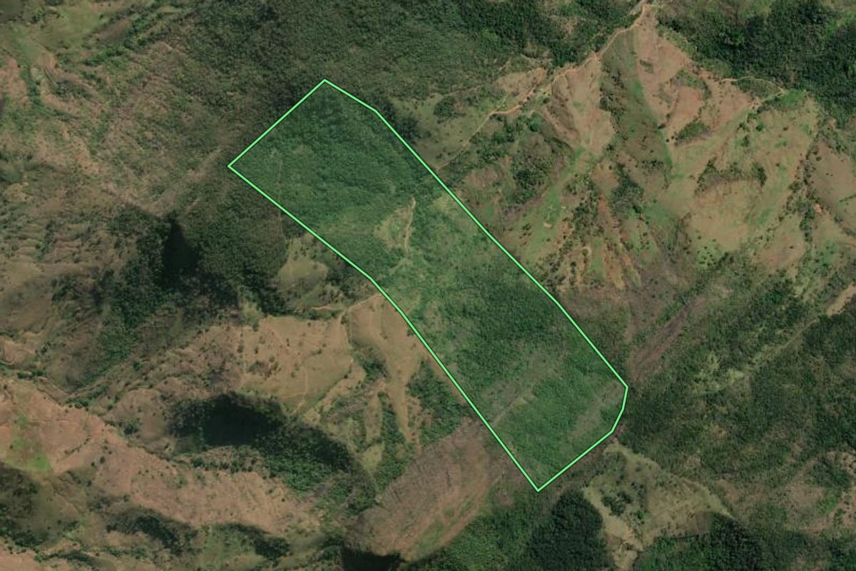 Imagem de satélite do imóvel rural em São José de Ubá (RJ), com o contorno declarado no CAR desenhado por cima.