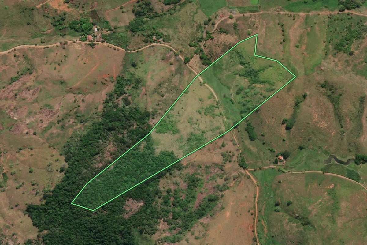 Imagem de satélite do imóvel rural em São José de Ubá (RJ), com o contorno declarado no CAR desenhado por cima.