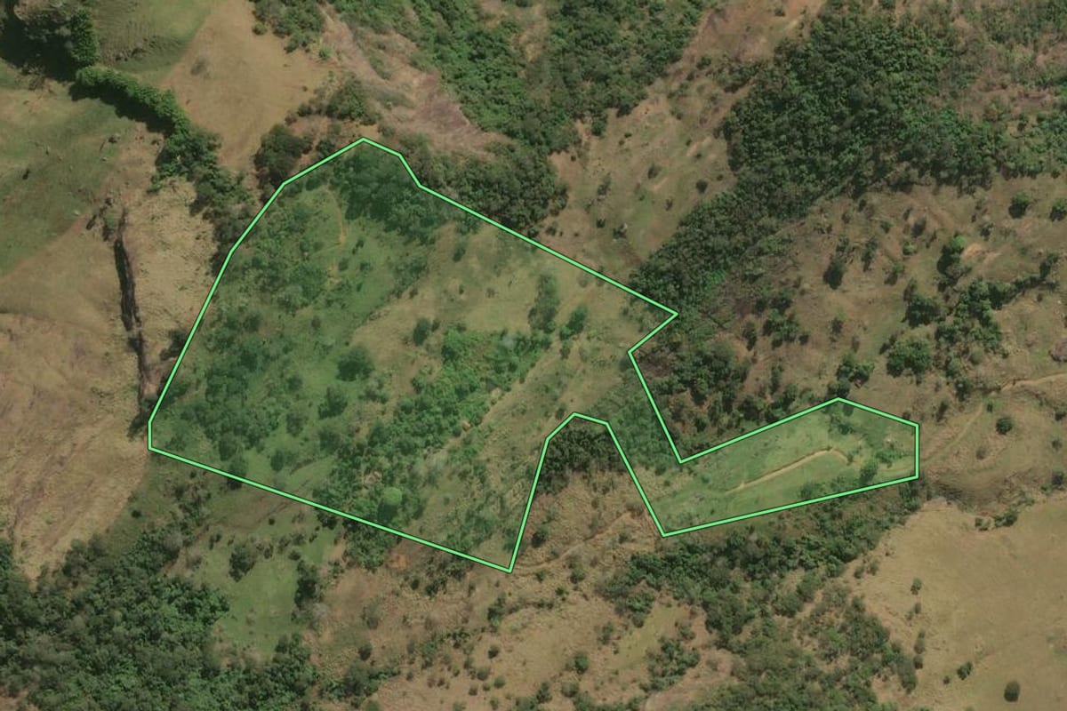 Imagem de satélite do imóvel rural em São José de Ubá (RJ), com o contorno declarado no CAR desenhado por cima.