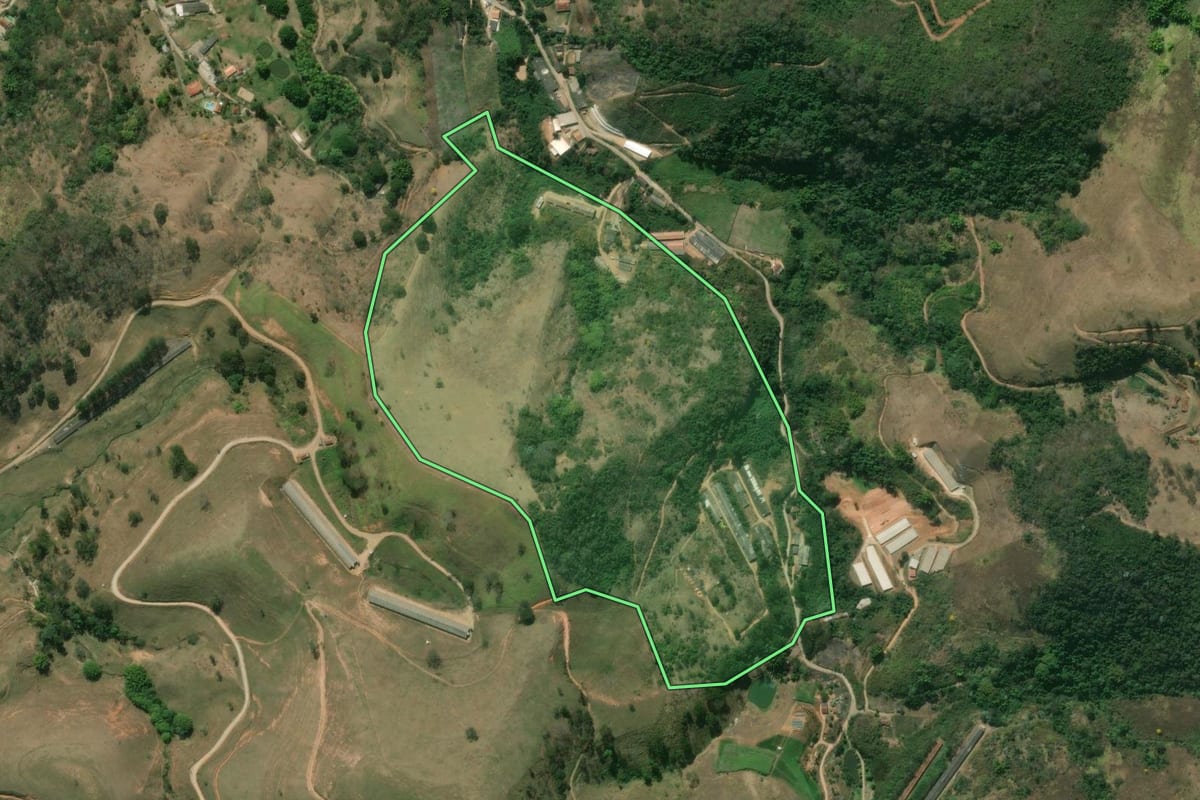 Imagem de satélite do imóvel rural em São José do Vale do Rio Preto (RJ), com o contorno declarado no CAR desenhado por cima.
