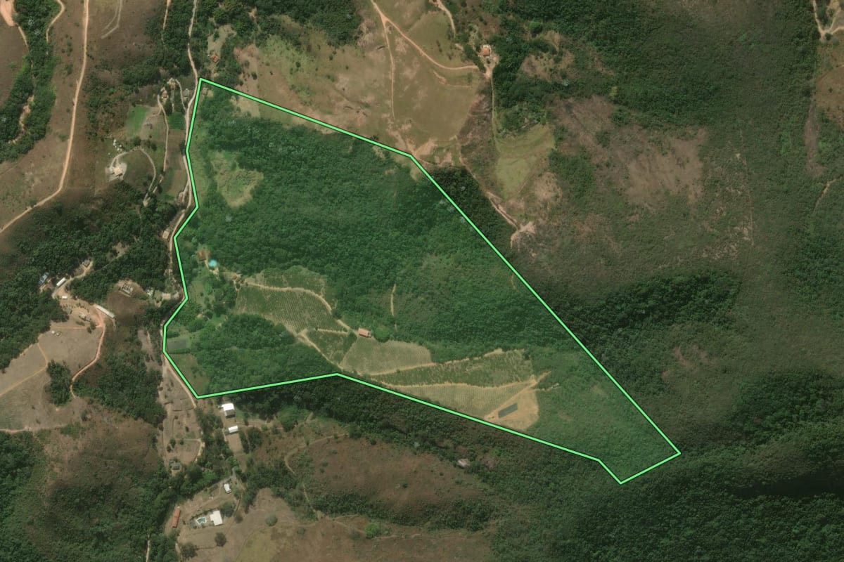 Imagem de satélite do imóvel rural em São José do Vale do Rio Preto (RJ), com o contorno declarado no CAR desenhado por cima.