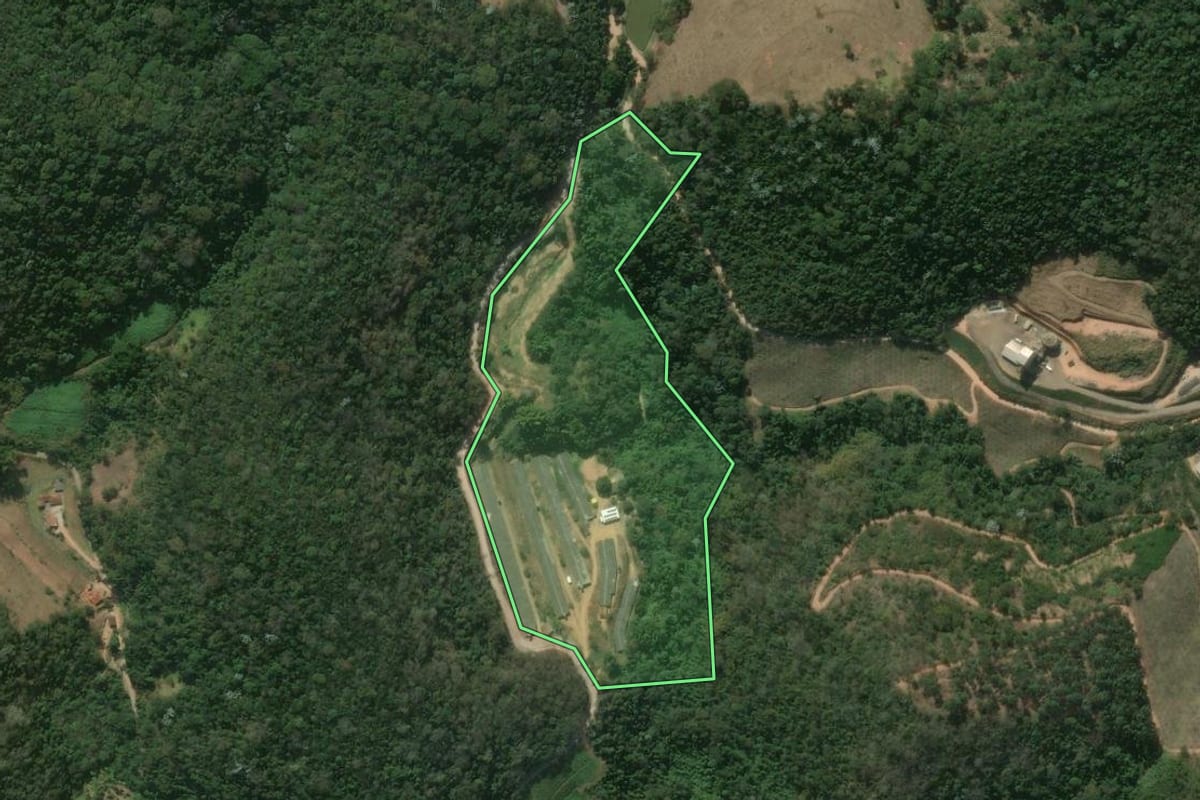 Imagem de satélite do imóvel rural em São José do Vale do Rio Preto (RJ), com o contorno declarado no CAR desenhado por cima.