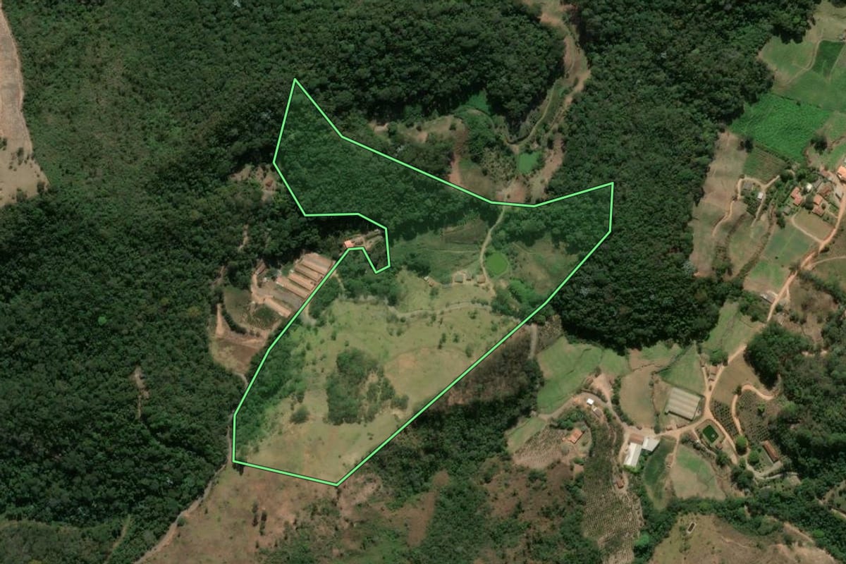 Imagem de satélite do imóvel rural em São José do Vale do Rio Preto (RJ), com o contorno declarado no CAR desenhado por cima.