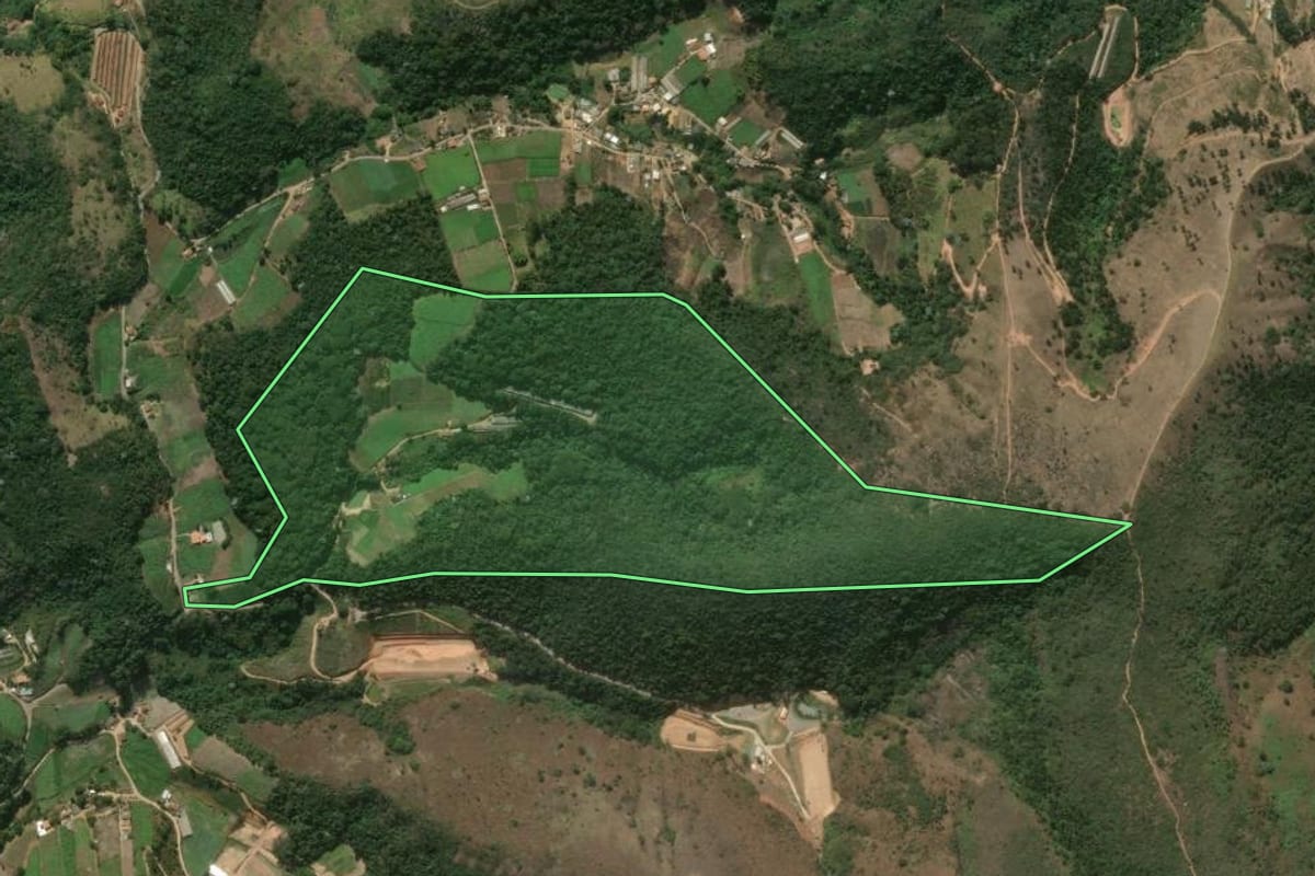 Imagem de satélite do imóvel rural em São José do Vale do Rio Preto (RJ), com o contorno declarado no CAR desenhado por cima.