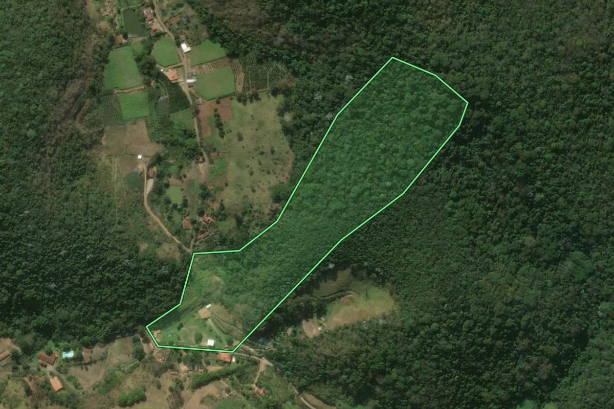 Imagem de satélite do imóvel rural em São José do Vale do Rio Preto (RJ), com o contorno declarado no CAR desenhado por cima.
