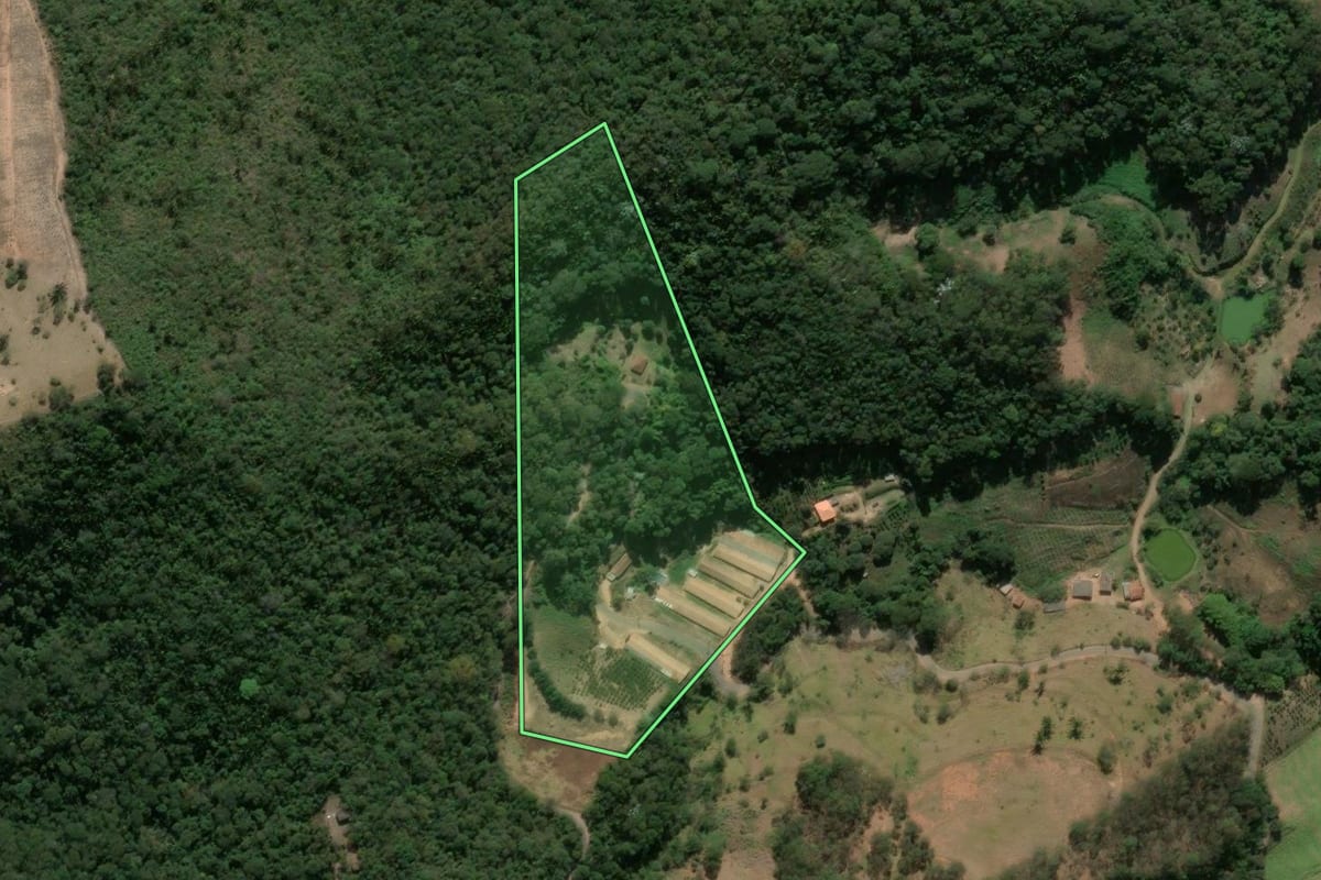 Imagem de satélite do imóvel rural em São José do Vale do Rio Preto (RJ), com o contorno declarado no CAR desenhado por cima.