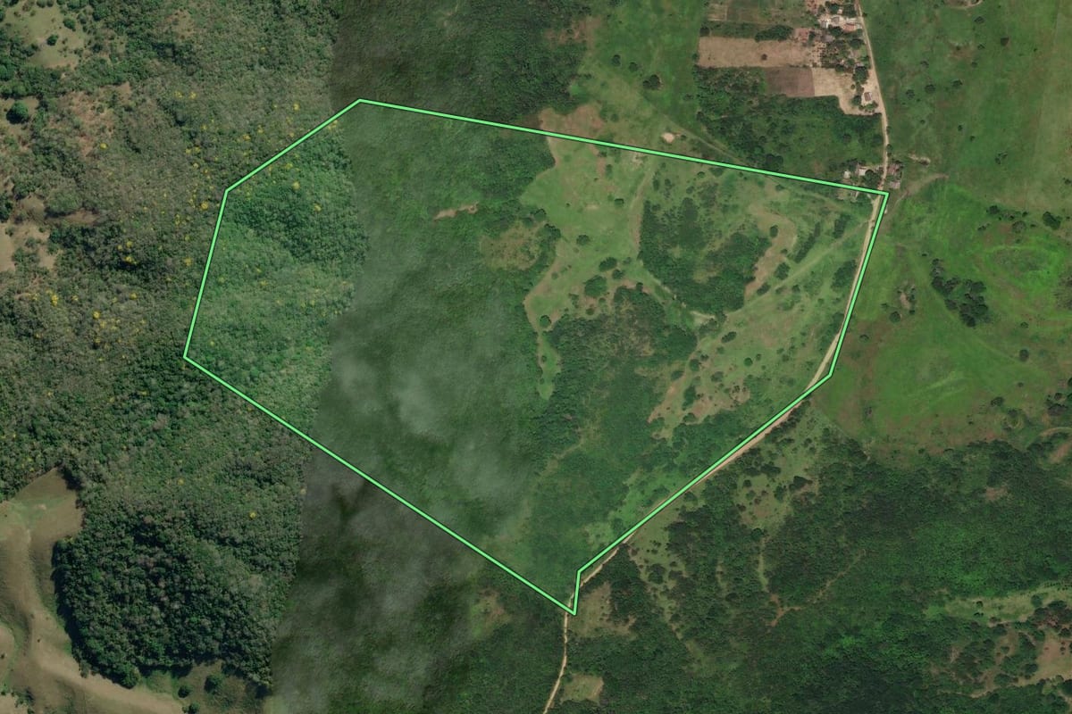 Imagem de satélite do imóvel rural em São Pedro da Aldeia (RJ), com o contorno declarado no CAR desenhado por cima.