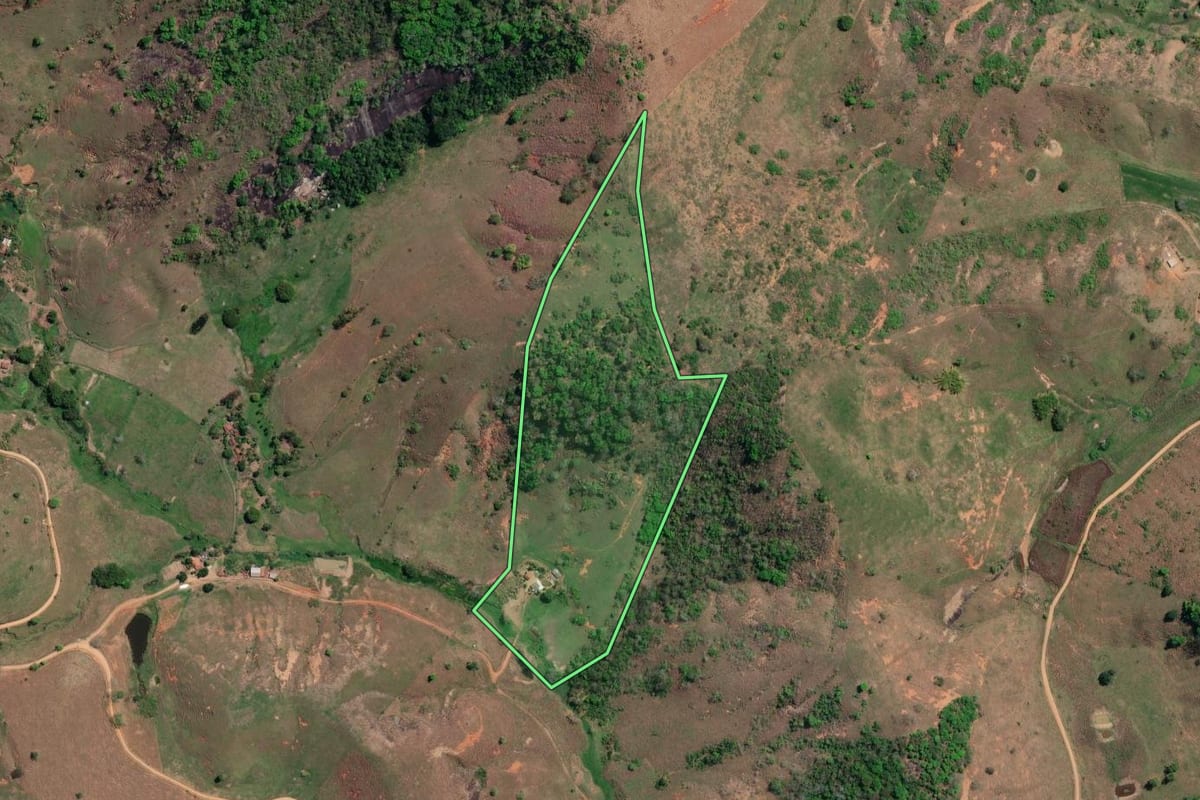 Imagem de satélite do imóvel rural em São Sebastião do Alto (RJ), com o contorno declarado no CAR desenhado por cima.