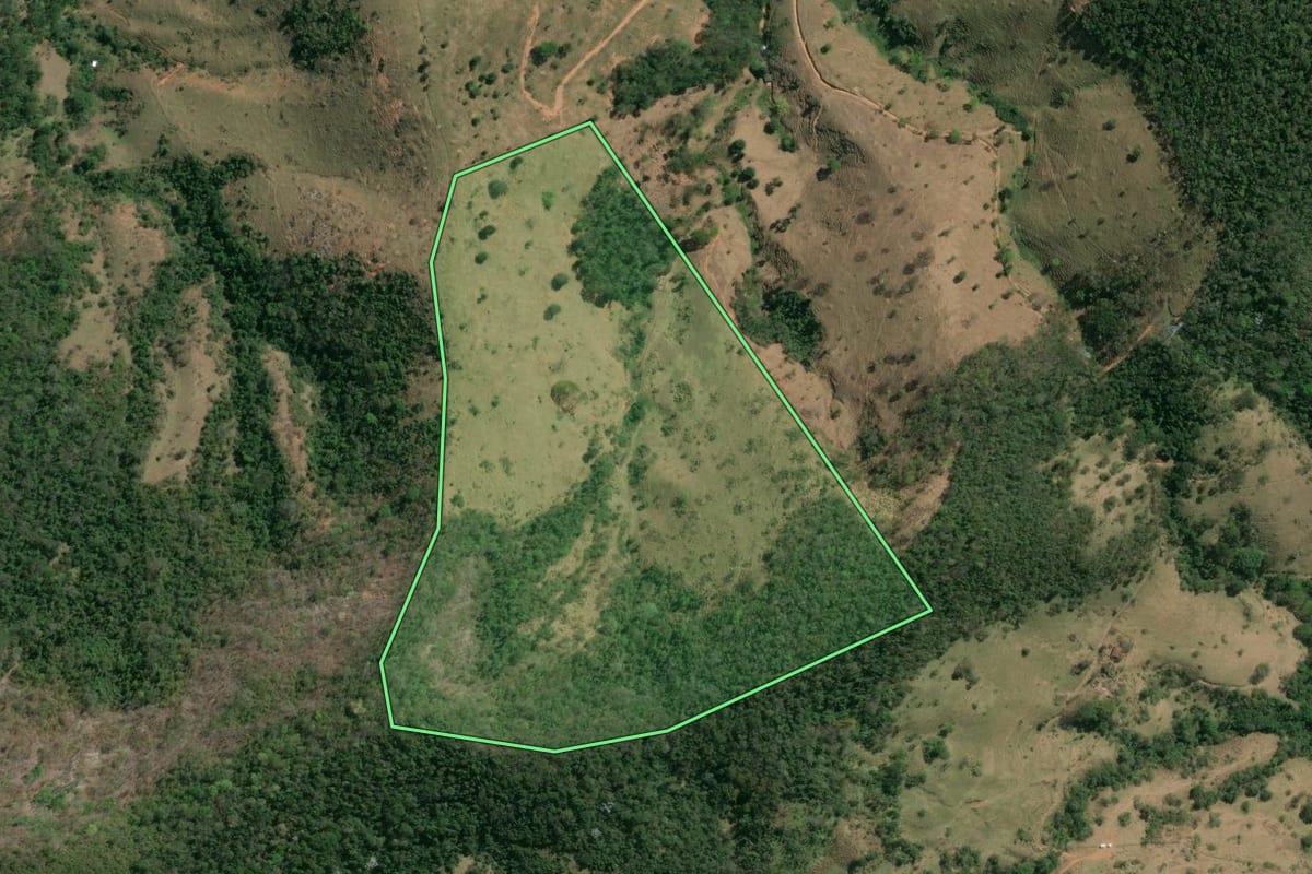 Imagem de satélite do imóvel rural em Sapucaia (RJ), com o contorno declarado no CAR desenhado por cima.