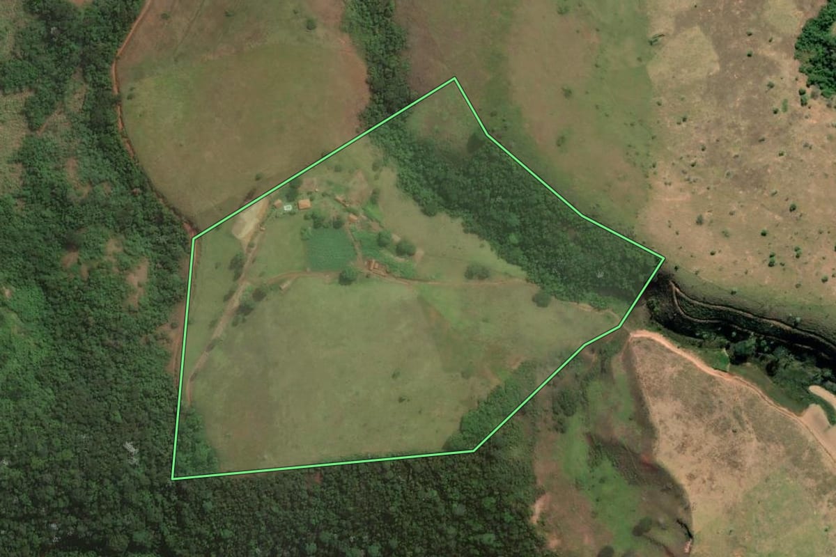 Imagem de satélite do imóvel rural em Sapucaia (RJ), com o contorno declarado no CAR desenhado por cima.