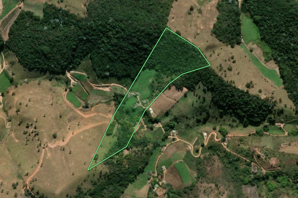 Imagem de satélite do imóvel rural em Sapucaia (RJ), com o contorno declarado no CAR desenhado por cima.