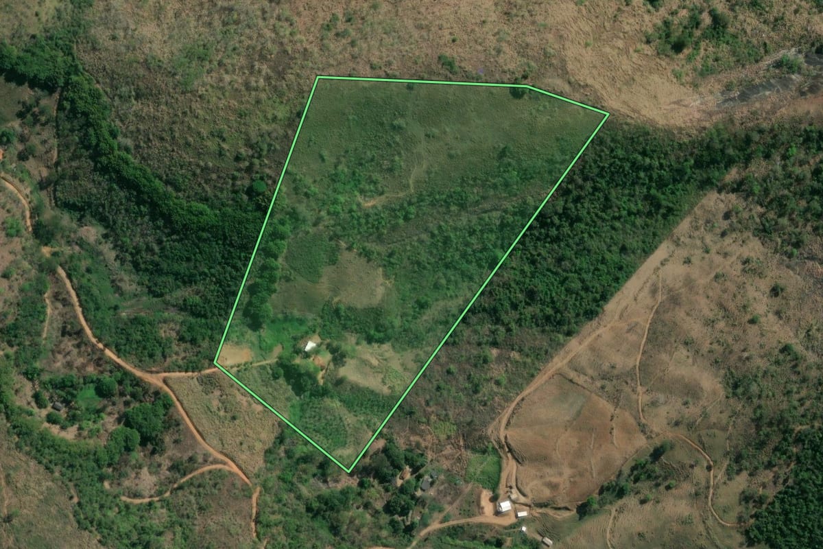 Imagem de satélite do imóvel rural em Sapucaia (RJ), com o contorno declarado no CAR desenhado por cima.