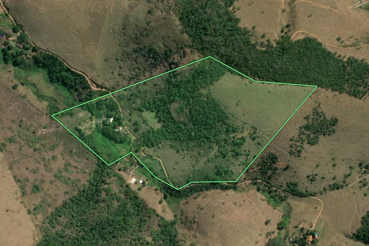 Imagem de satélite do imóvel rural em Sapucaia (RJ), com o contorno declarado no CAR desenhado por cima.