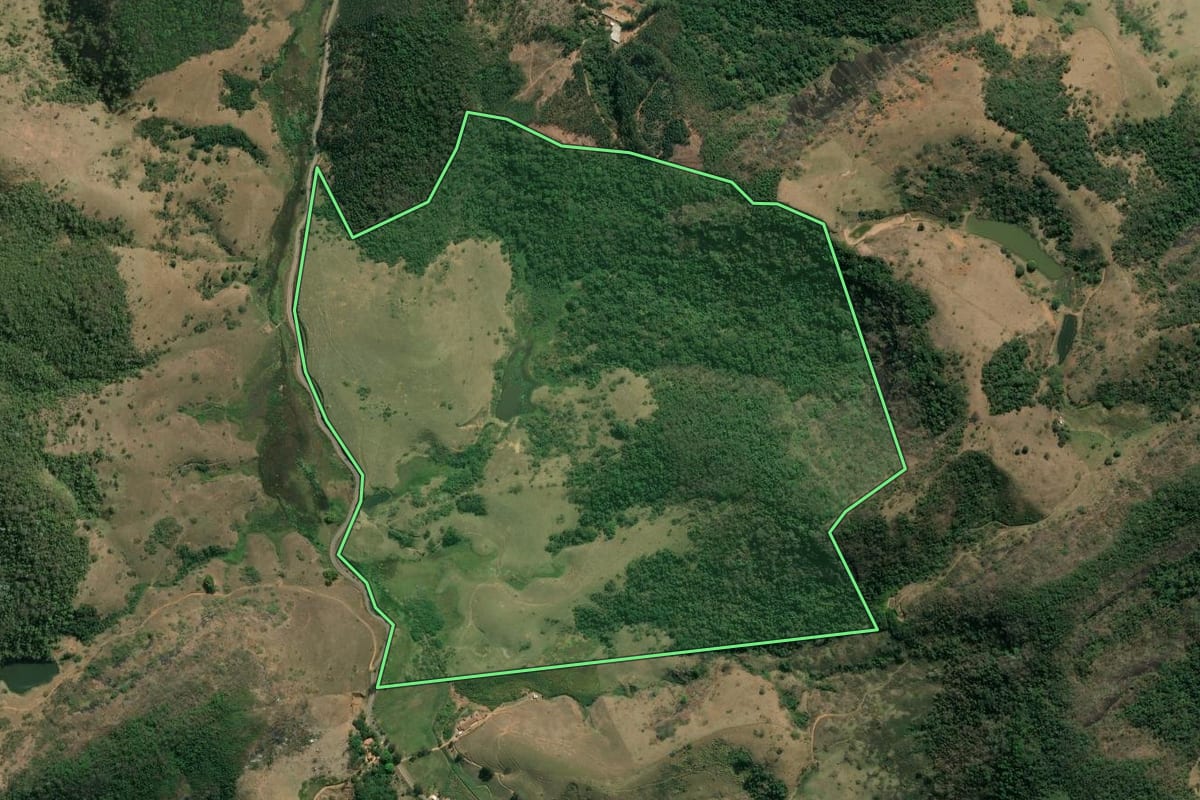 Imagem de satélite do imóvel rural em Sapucaia (RJ), com o contorno declarado no CAR desenhado por cima.