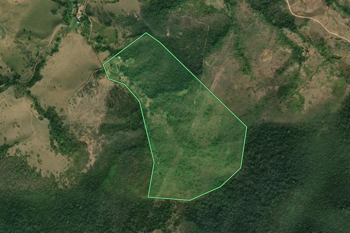 Imagem de satélite do imóvel rural em Sapucaia (RJ), com o contorno declarado no CAR desenhado por cima.