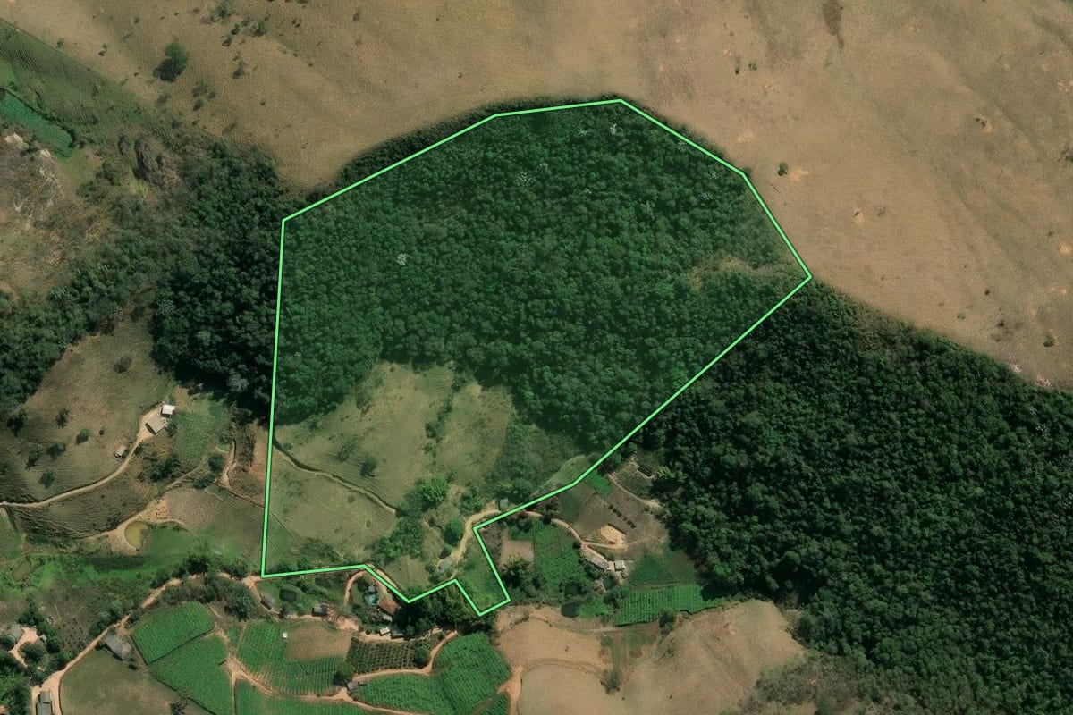 Imagem de satélite do imóvel rural em Sapucaia (RJ), com o contorno declarado no CAR desenhado por cima.