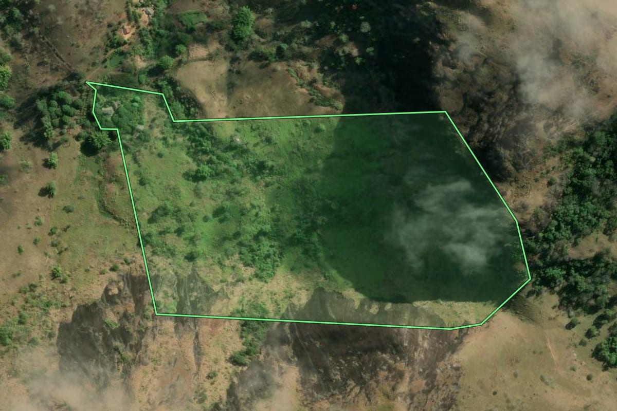 Imagem de satélite do imóvel rural em Sapucaia (RJ), com o contorno declarado no CAR desenhado por cima.