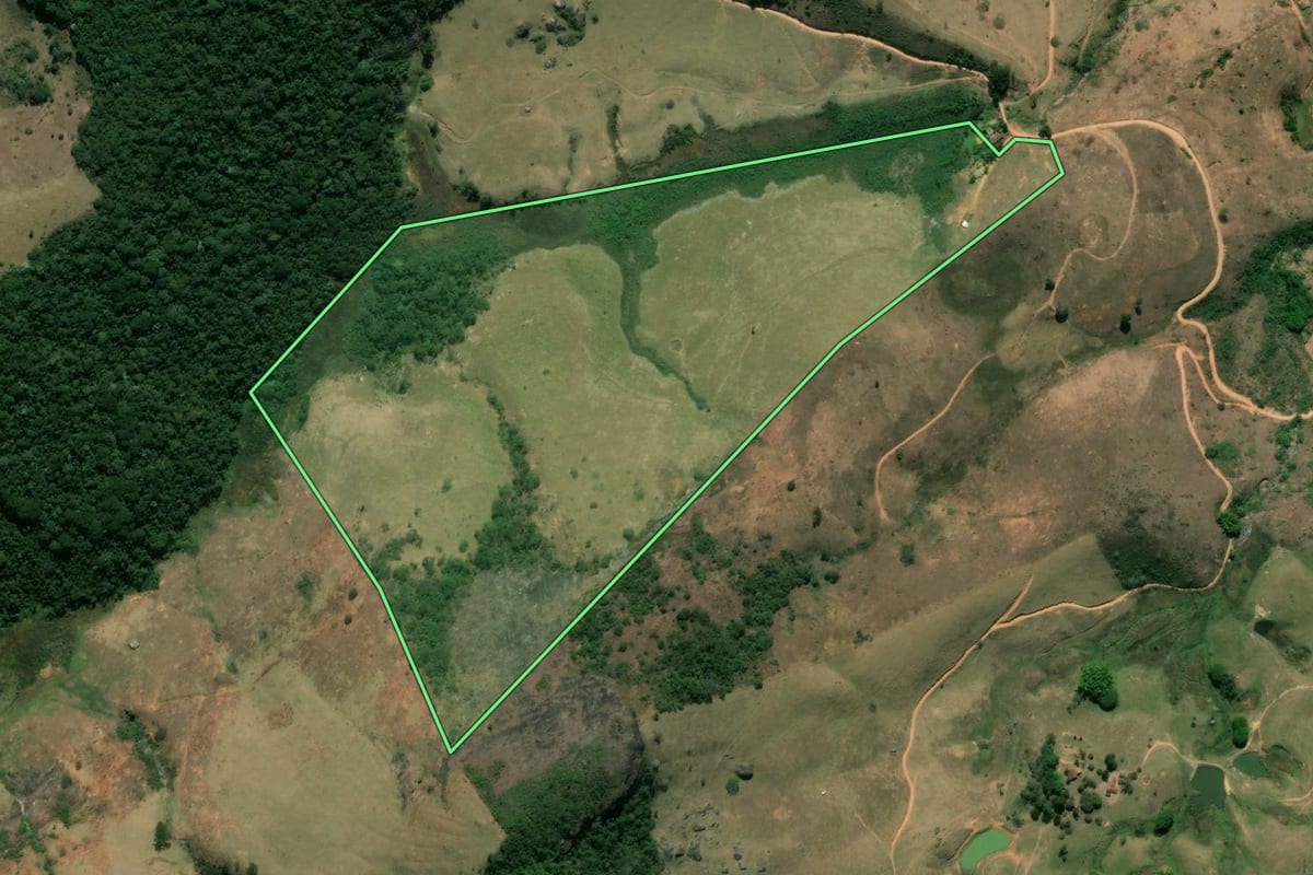Imagem de satélite do imóvel rural em Sapucaia (RJ), com o contorno declarado no CAR desenhado por cima.