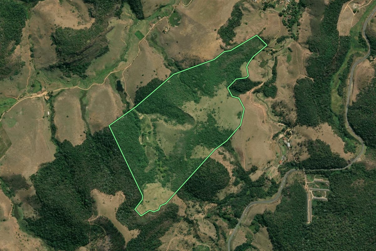 Imagem de satélite do imóvel rural em Sapucaia (RJ), com o contorno declarado no CAR desenhado por cima.