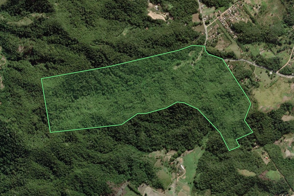 Imagem de satélite do imóvel rural em Saquarema (RJ), com o contorno declarado no CAR desenhado por cima.