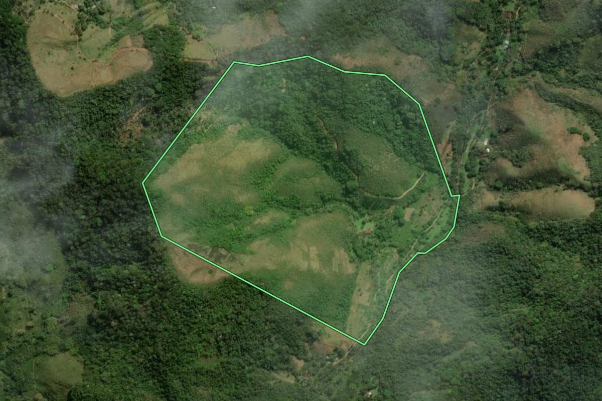 Imagem de satélite do imóvel rural em Silva Jardim (RJ), com o contorno declarado no CAR desenhado por cima.