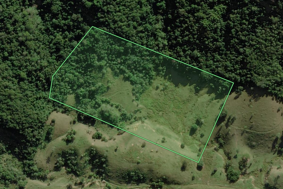 Imagem de satélite do imóvel rural em Silva Jardim (RJ), com o contorno declarado no CAR desenhado por cima.