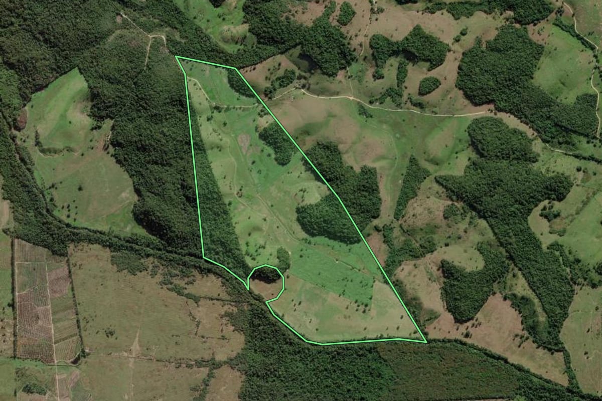 Imagem de satélite do imóvel rural em Silva Jardim (RJ), com o contorno declarado no CAR desenhado por cima.