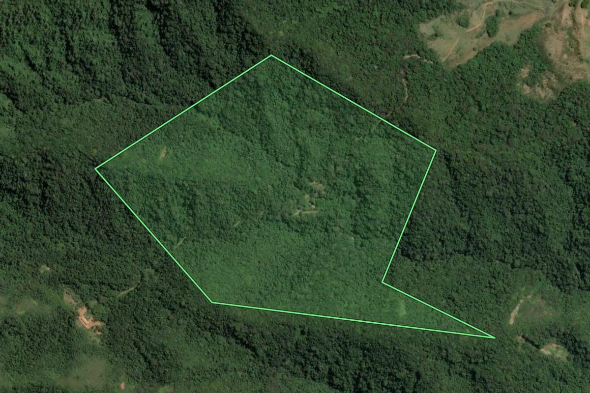 Imagem de satélite do imóvel rural em Silva Jardim (RJ), com o contorno declarado no CAR desenhado por cima.