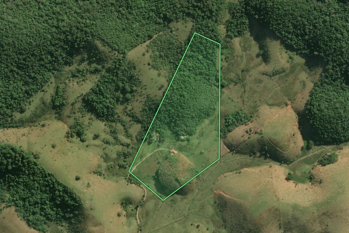 Imagem de satélite do imóvel rural em Silva Jardim (RJ), com o contorno declarado no CAR desenhado por cima.