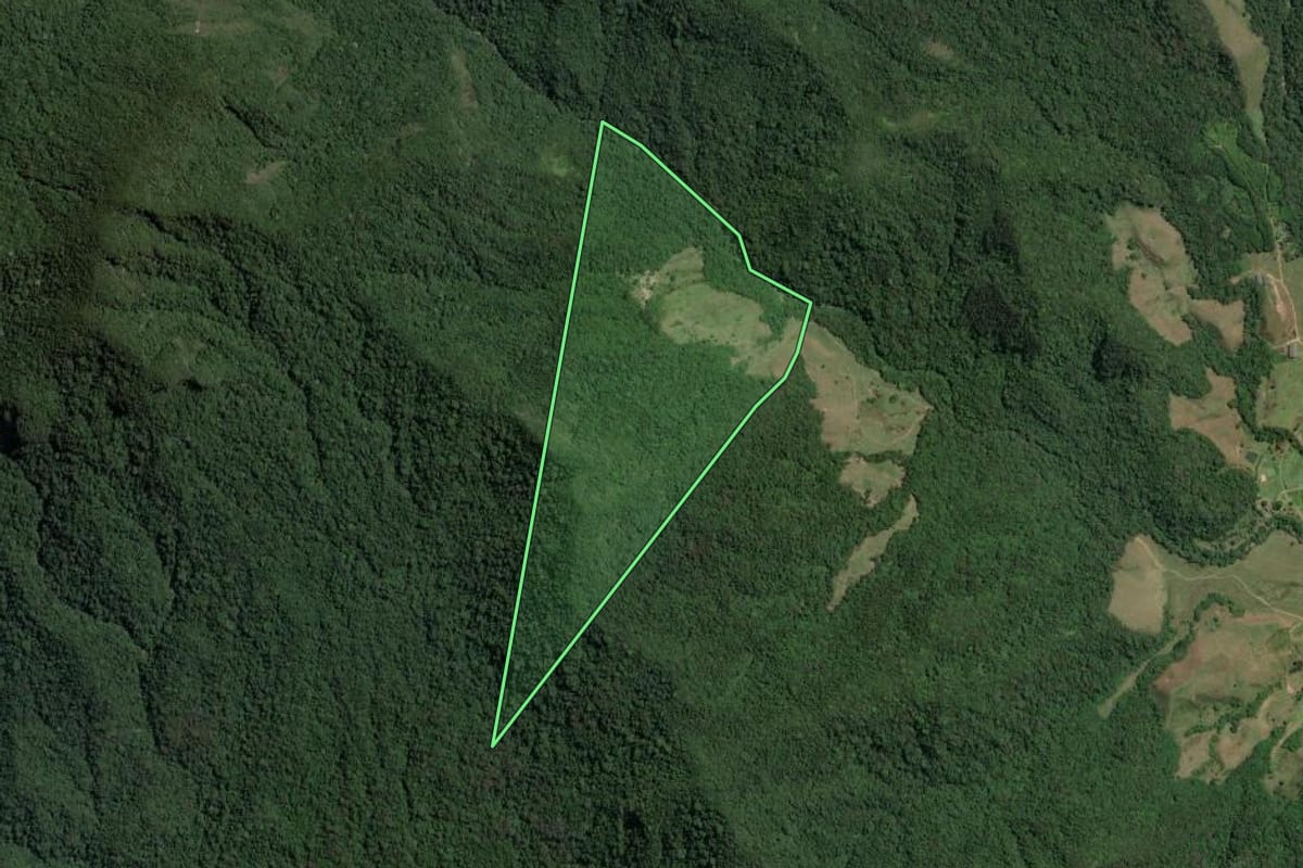 Imagem de satélite do imóvel rural em Silva Jardim (RJ), com o contorno declarado no CAR desenhado por cima.